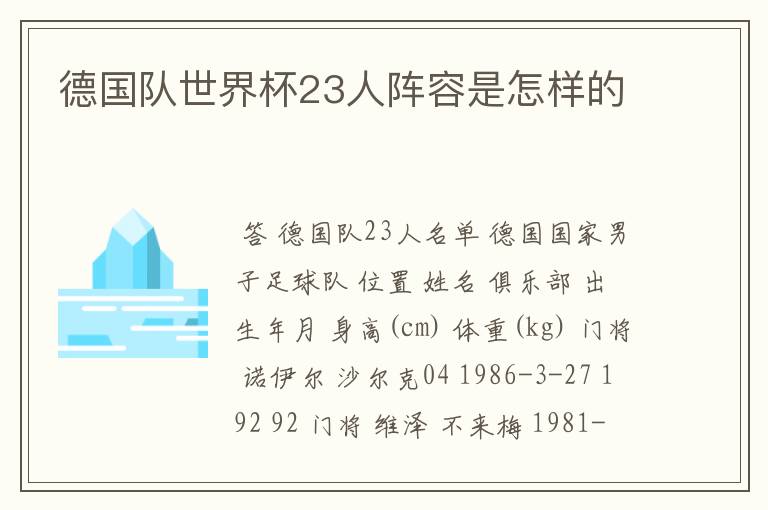 德国队世界杯23人阵容是怎样的