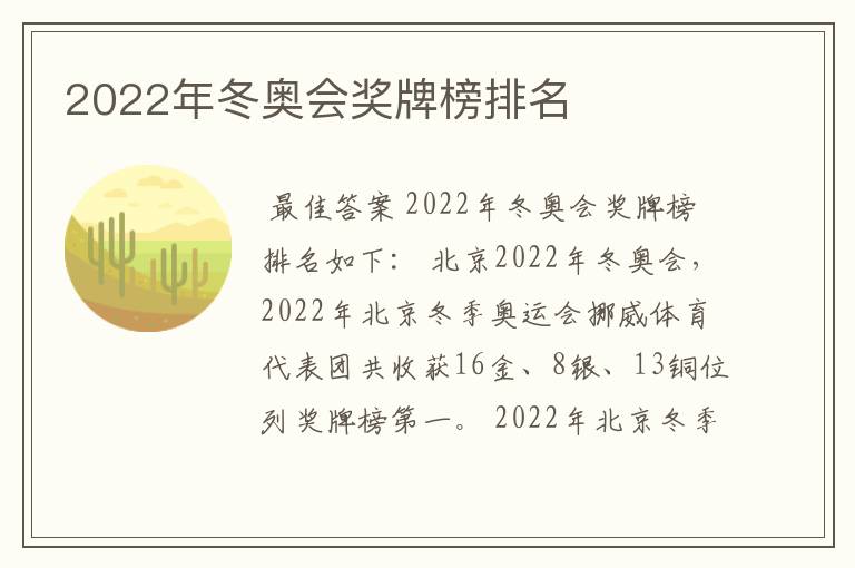 2022年冬奥会奖牌榜排名