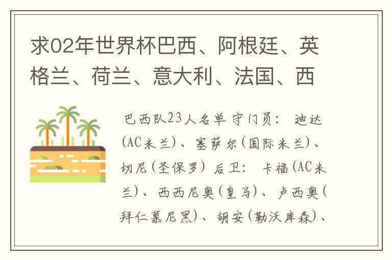 求02年世界杯巴西、阿根廷、英格兰、荷兰、意大利、法国、西班牙的全部阵容