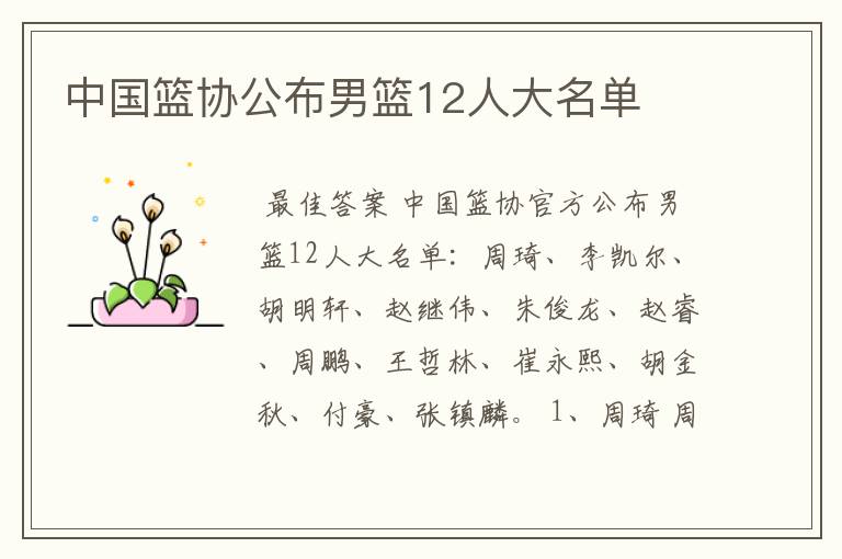 中国篮协公布男篮12人大名单