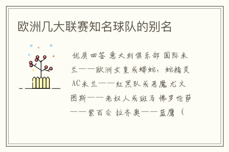 欧洲几大联赛知名球队的别名