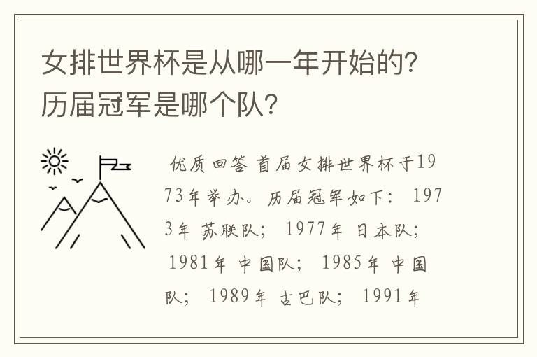 女排世界杯是从哪一年开始的?历届冠军是哪个队?