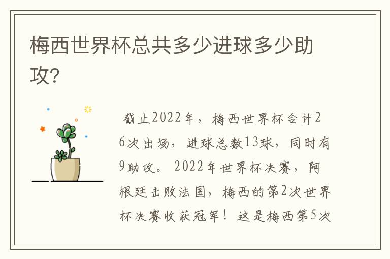 梅西世界杯总共多少进球多少助攻?