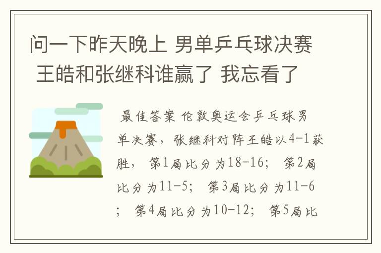 问一下昨天晚上 男单乒乓球决赛 王皓和张继科谁赢了 我忘看了