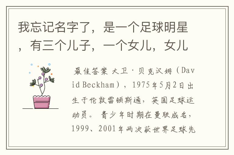 我忘记名字了，是一个足球明星，有三个儿子，一个女儿，女儿还特别小，外界称足球明星的老婆是时尚辣妈。