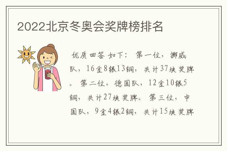 2022北京冬奥会奖牌榜排名