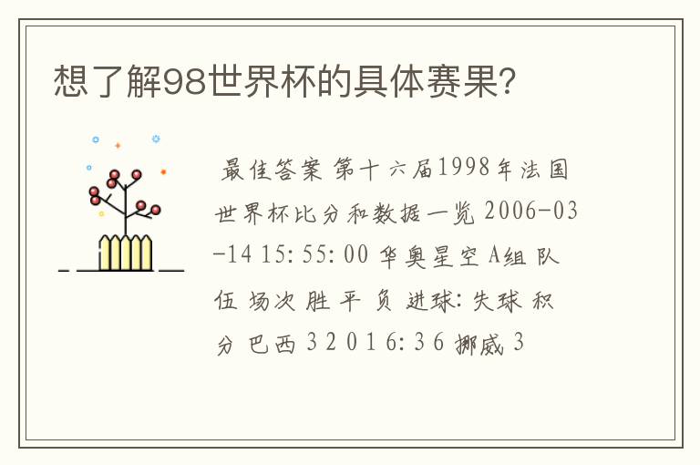 想了解98世界杯的具体赛果?