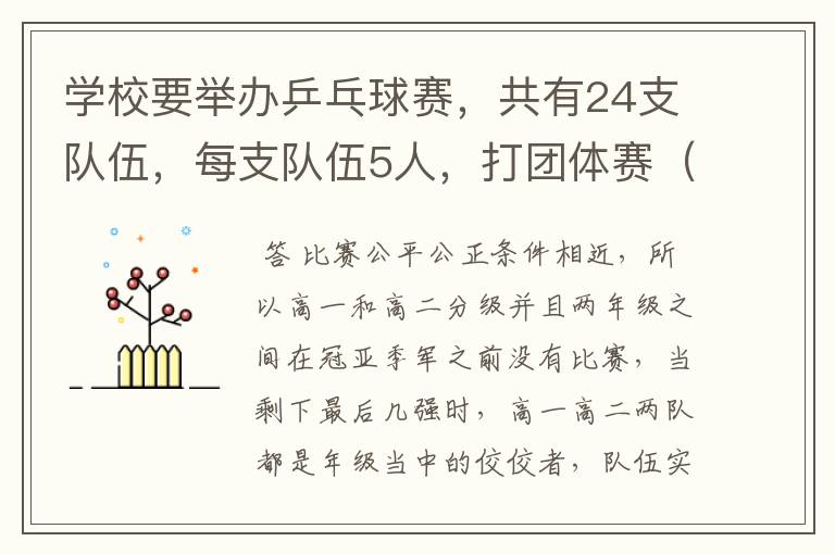学校要举办乒乓球赛,共有24支队伍,每支队伍5人,打团体赛(男单),要求决出冠亚季军,求最佳赛制方案
