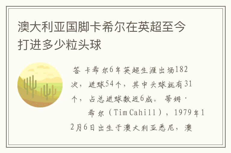 澳大利亚国脚卡希尔在英超至今打进多少粒头球