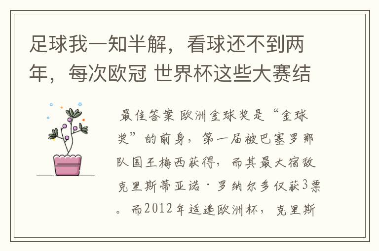 足球我一知半解,看球还不到两年,每次欧冠 世界杯这些大赛结束后不是都要评什么金球奖,金靴奖什么的吗?