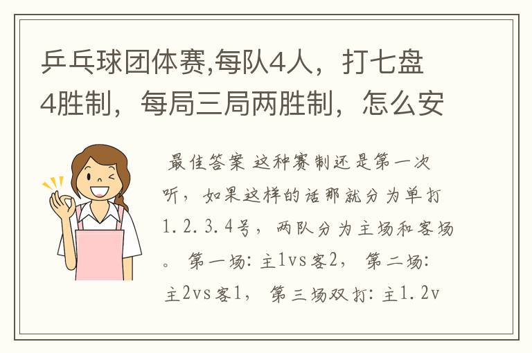 乒乓球团体赛,每队4人，打七盘4胜制，每局三局两胜制，怎么安排出场顺序，保证每名运动员出场2次。