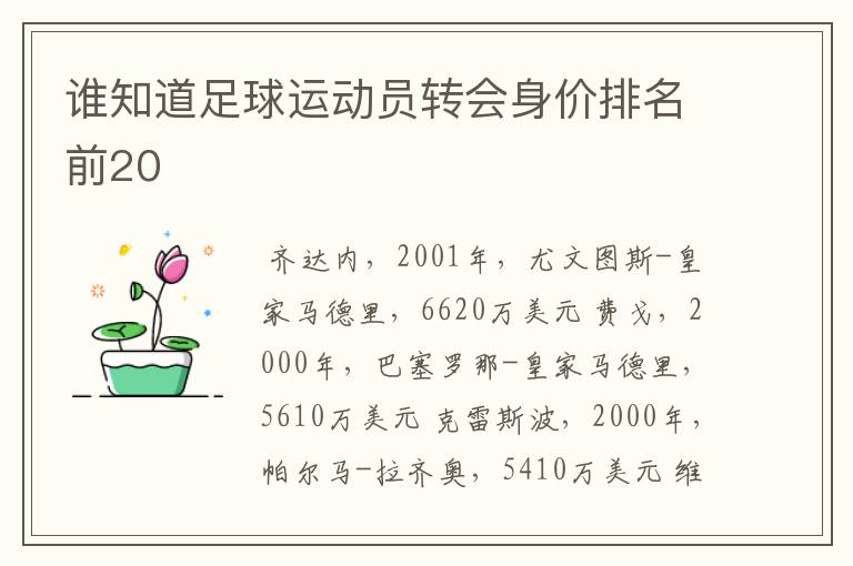 谁知道足球运动员转会身价排名前20
