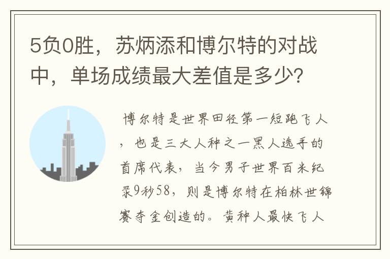5负0胜，苏炳添和博尔特的对战中，单场成绩最大差值是多少？