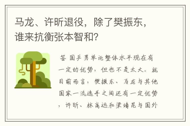 马龙、许昕退役，除了樊振东，谁来抗衡张本智和？