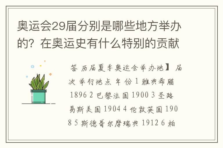 奥运会29届分别是哪些地方举办的？在奥运史有什么特别的贡献？