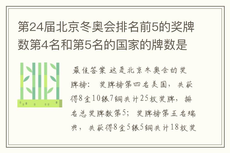 第24届北京冬奥会排名前5的奖牌数第4名和第5名的国家的牌数是多少？