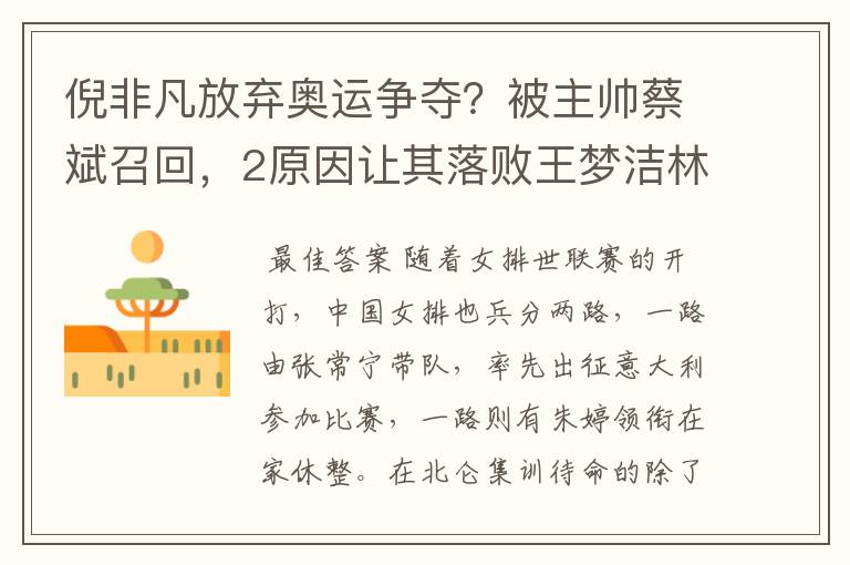 倪非凡放弃奥运争夺？被主帅蔡斌召回，2原因让其落败王梦洁林莉