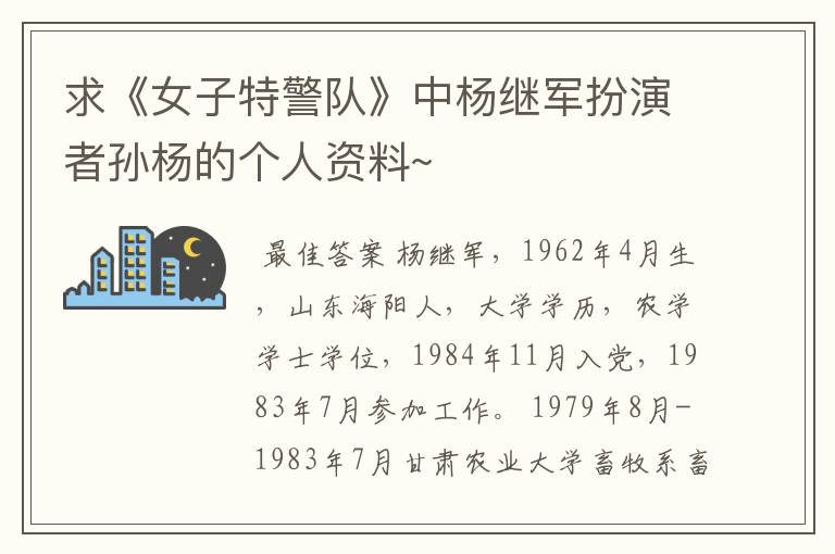 求《女子特警队》中杨继军扮演者孙杨的个人资料~