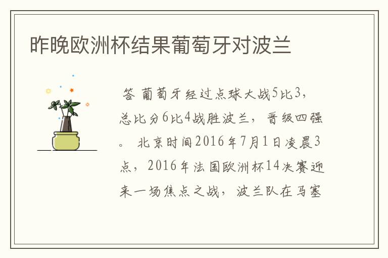 昨晚欧洲杯结果葡萄牙对波兰