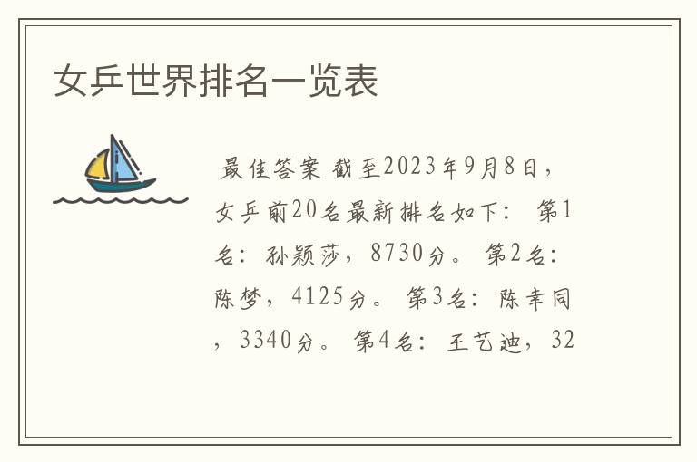 女乒世界排名一览表