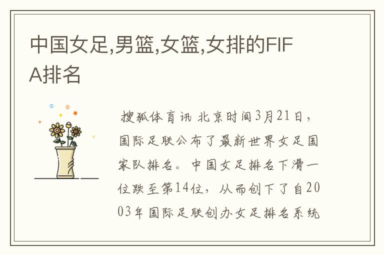 中国女足,男篮,女篮,女排的FIFA排名