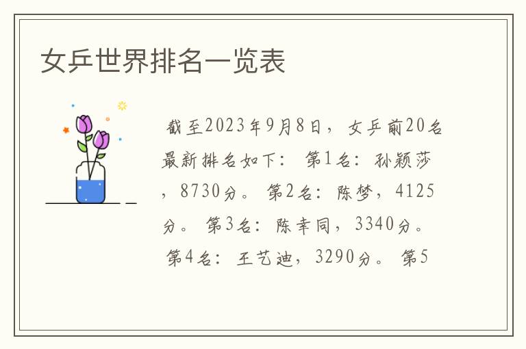 女乒世界排名一览表