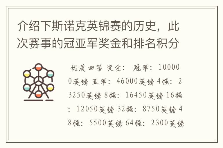 介绍下斯诺克英锦赛的历史，此次赛事的冠亚军奖金和排名积分各是多少？