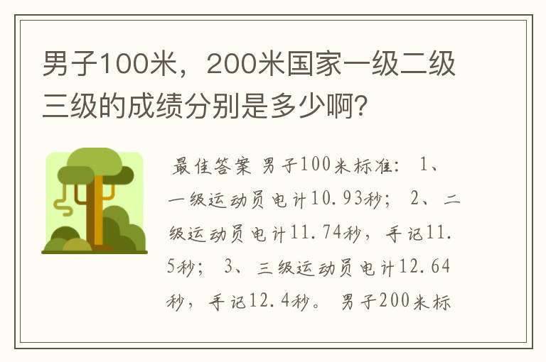 男子100米,200米国家一级二级三级的成绩分别是多少啊?