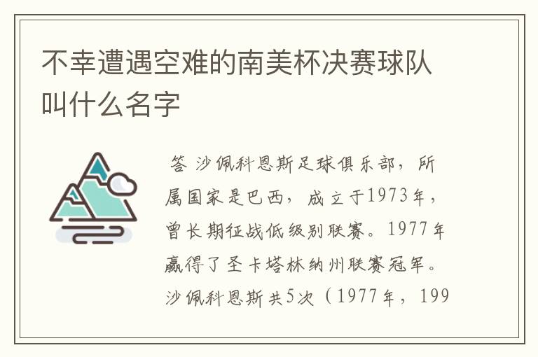 不幸遭遇空难的南美杯决赛球队叫什么名字