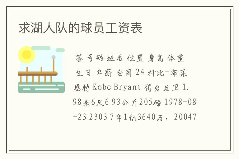 求湖人队的球员工资表