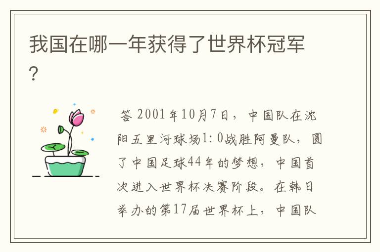『中国足球世界杯』中国足球世界杯冠军是哪一年