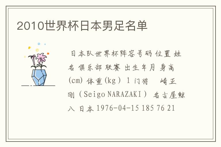 2010世界杯日本男足名单