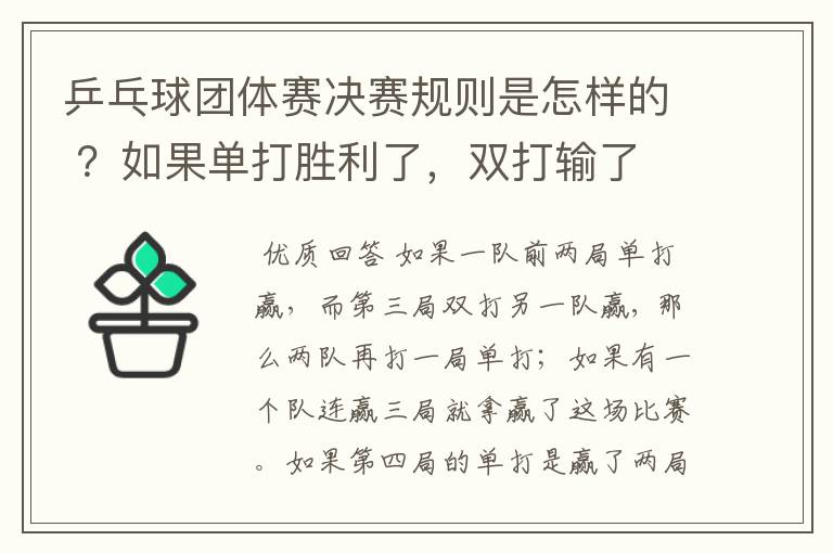 乒乓球团体赛决赛规则是怎样的 ?如果单打胜利了,双打输了 ,怎么判?