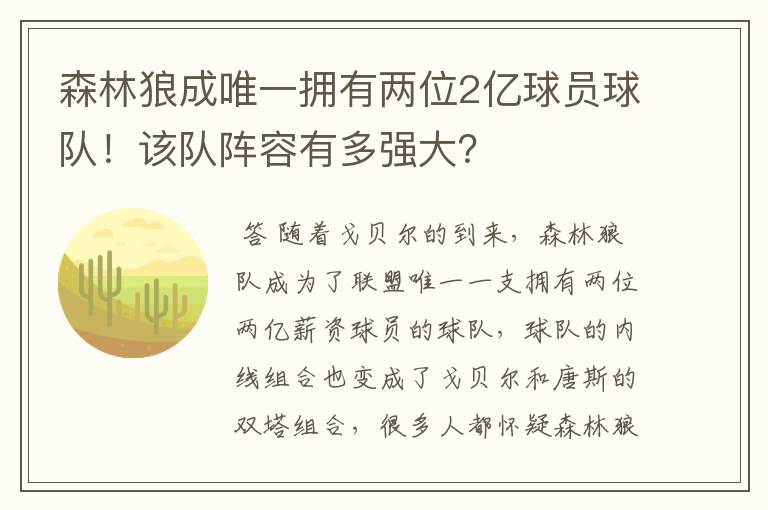 森林狼成唯一拥有两位2亿球员球队！该队阵容有多强大？