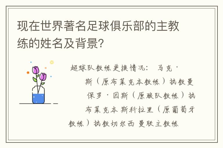 现在世界著名足球俱乐部的主教练的姓名及背景?